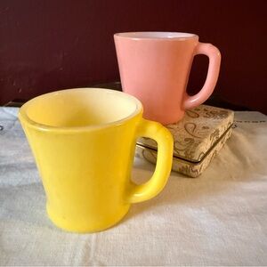 Vintage MCM Fire King Yellow and Pink Mugs D Handle Pair